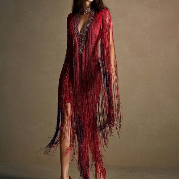 Red Party Women's Bandage Fringe V-Neck Rhinestone Tight-Fitting Dress - Picture 1 of 7